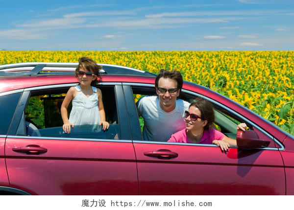 蓝色天空下一片唯美向日葵田园风光里在红色轿车里的快乐一家人